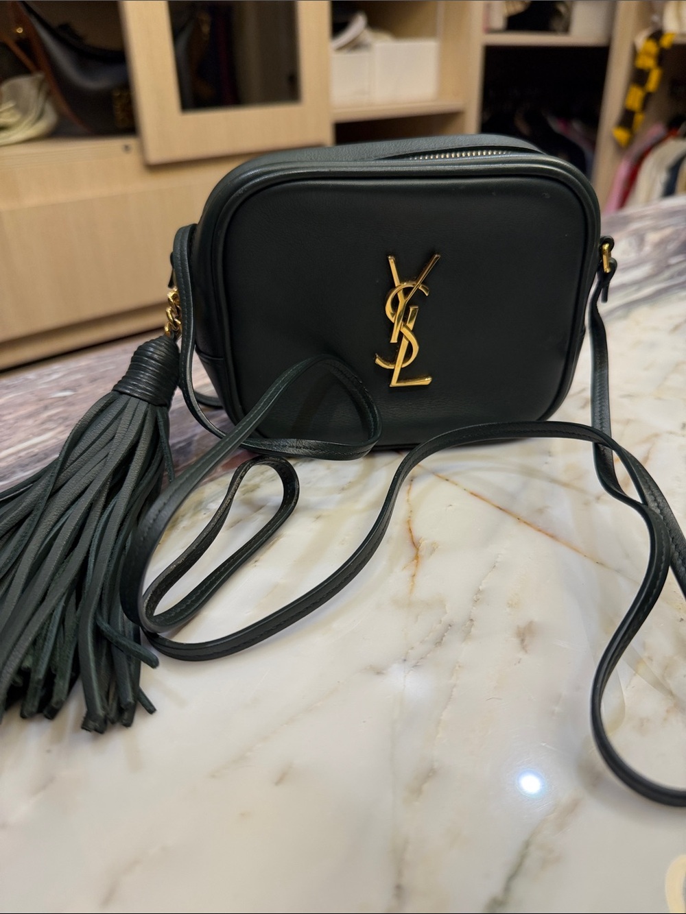 Saint Laurent Dark Green Leather Camera Bag with Tassel